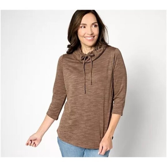Denim & Co. Active Soft Blend Knit Cown Neck Top Chocolate Spacedye Womens XXS - Picture 1 of 6
